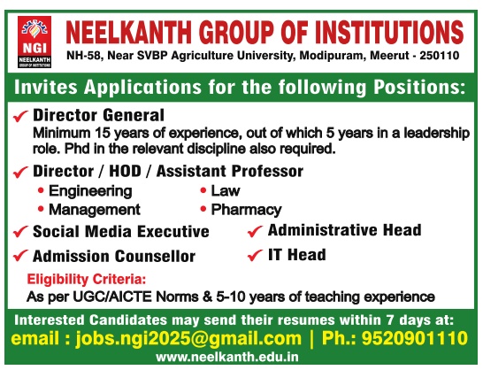 Neelkanth Institutions Teaching Non Teaching Recruitment 2025